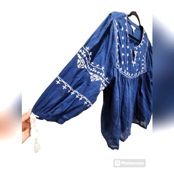 Size 20 Navy Blue Embroidered Tassle Sleeve V Neck Blouse - Picture 3 of 6